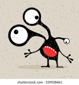 Cute black monster with emotions on grunge grey background. cartoon illustration.