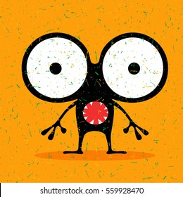 Cute black monster with emotions on grunge orange background. cartoon illustration.