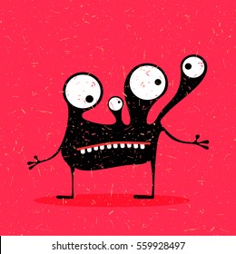 Cute black monster with emotions on grunge pink background. cartoon illustration.