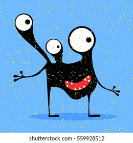 Cute black monster with emotions on grunge blue background. cartoon illustration.
