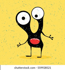 Cute black monster with emotions on grunge yellow background. cartoon illustration.