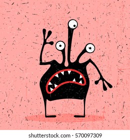 Cute black monster with emotions on grunge light pink background. cartoon illustration.