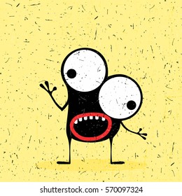 Cute black monster with emotions on grunge yellow background. cartoon illustration.