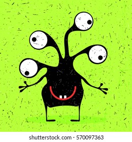 Cute black monster with emotions on grunge green background. cartoon illustration.