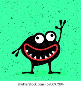 Cute black monster with emotions on grunge light green background. cartoon illustration.