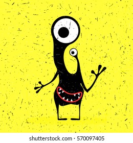Cute black monster with emotions on grunge yellow background. cartoon illustration.