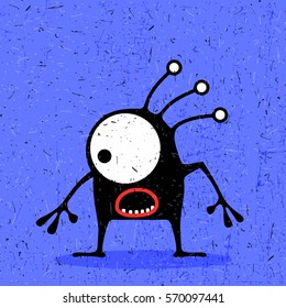 Cute black monster with emotions on grunge blue background. cartoon illustration.