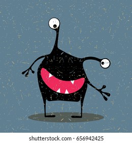 Cute black monster with emotions on grunge dark blue background. cartoon illustration.