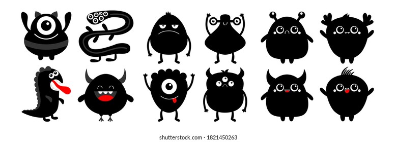 Cute black monster set. Happy Halloween. Cartoon kawaii sad character icon. Eyes, horns, hands up, tongue. Funny baby collection. Isolated. White background. Flat design. Vector illustration