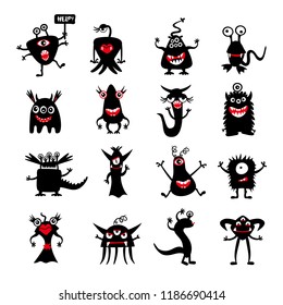 Cute black monster set, isolated on white background, cartoon monsters, doodle style, vector illustration.