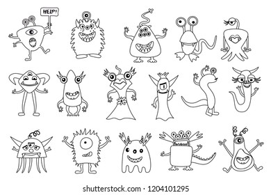 Cute black monster set isolated on white background cartoon monsters doodle style vector illustration.