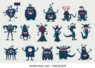 Cute black monster set, isolated on white background, cartoon monsters, doodle style, vector illustration.