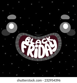 Cute black monster with text, Black Friday, vector.