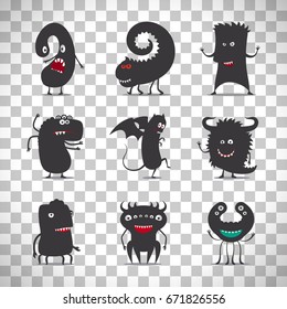 Cute black monsters vector illustration set isolated on transparent background