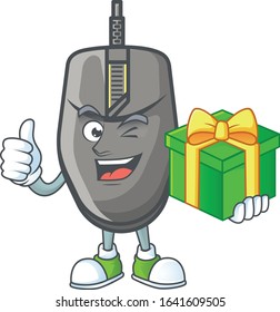 Cute black mouse character holding a gift box