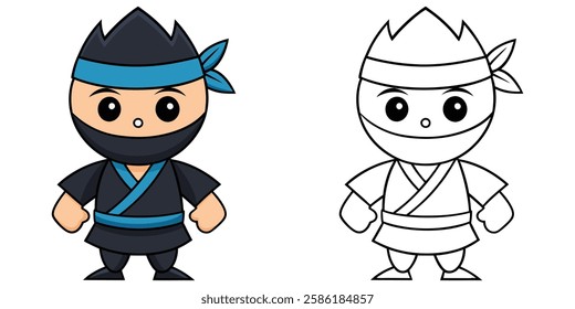 Cute Black Ninja Cartoon Character Coloring Book For Kids Printable Outline Vector