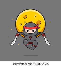 Cute Black Ninja With Red Headband Jumping With Moon Background