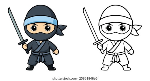 Cute Black Ninja With Sword Cartoon Coloring Book For Kids Printable Outline Vector