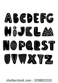 Cute black nursery Alphabet in Scandinavian style creative kids font great for education home on white background monochrome