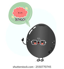 Lindo personaje de Black Olive diciendo BINGO con un cerebro en una burbuja de discurso. Vector dibujado a mano ilustración de personaje kawaii de dibujos animados. Fondo blanco aislado. Póster de Black Olive y cerebro