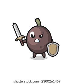 cute black olive soldier fighting with sword and shield , cute style design for t shirt, sticker, logo element