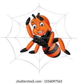 Cute Black Orange Spider Making Spider Web Cartoon for your design