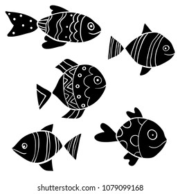 Cute black ornamental vector fish in flat cartoon style for summer designs