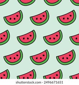 Cute Black Outlined Watermelon Half Sliced with Seeds Seamless Pattern. Fresh Tropical Summer Fruit Vector Background Illustration. Flat Design. Printable editable for paper wrap, kids wallpaper, etc.