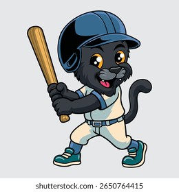 Cute Black Panther baseball player smiling confidently while holding a bat in cartoon illustration