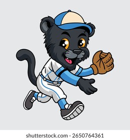 Cute black panther in a baseball uniform running joyfully with a glove in a cartoon illustration