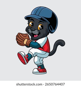 Cute Black Panther character in baseball uniform preparing to pitch cartoon illustration