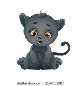 Cute Black Panther Cub, Vector Illustration. Cartoon Baby Animal.