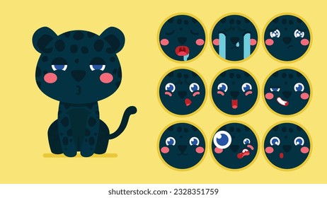 Pañera negra, conjunto de emociones animales, pequeña pantera con la coloración de los emojis, durmiendo, llorando, triste, aburrida, feliz, emocionada, adorable, sorprendida, descuidada, segura, aterrada, atónita, Vector plano