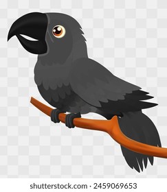 Cute black parrot sitting on a branch. Vector illustration.
