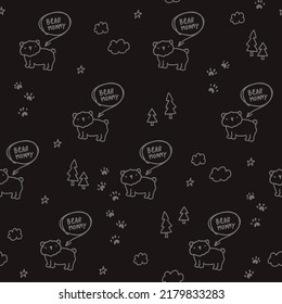 Cute black pattern with bear, trees, stars, text. Mommy seamless background. Textiles for baby, digital paper scrapbook.