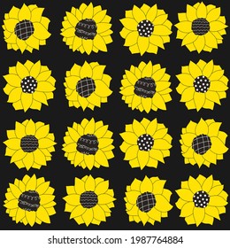 Patrón negro lindo con girasoles de línea. El fondo es impecable. Textiles para niños. Libro de recortes de papel minimalista para niños.