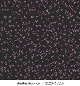 Cute black pattern with pink doodle line hearts. Textiles for children, fabric, book, bedroom, baby. Digital paper scrapbook, seamless background.