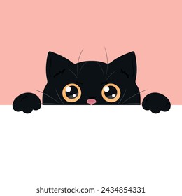 Cute black peeking cat. Curious cat with big yellow eyes is looking out of the table.  Empty space for text. Vector illustration