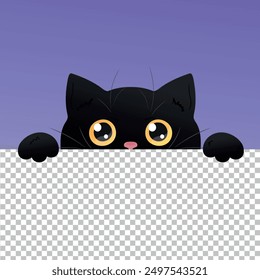 Cute black peeking cat. Curious cat with big yellow eyes is looking out of transparent background. Vector illustration