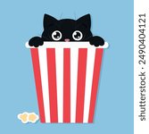 Cute black peeking cat. Cat is looking out of the popcorn bucket.  Kitten hides and peeks. Vector illustration