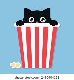 Süße schwarz linse Katze. Die Katze schaut aus dem Eimer mit dem Popcorn.  Kätzchen versteckt und pinkelt. Vektorillustration