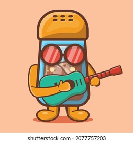 Cute black pepper bottle mascot playing guitar isolated cartoon in flat style