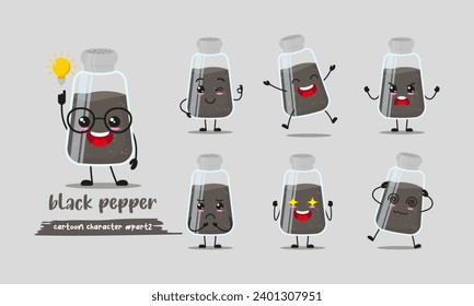 tira cómica de pimienta negra con muchas expresiones. carácter de ingrediente actividad diferente representan ilustración vectorial conjunto de diseño plano.