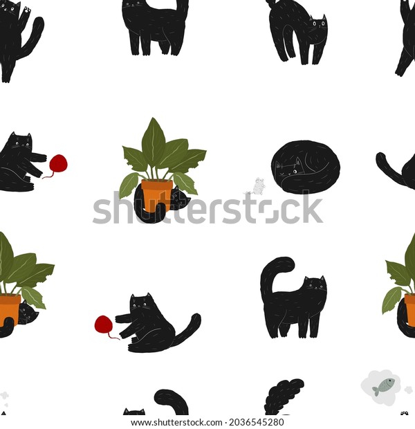 Cute black pet cat seamless pattern. Kawaii\
Halloween animal. Scary cat. Mouse and plant. Stock vector flat\
cartoon illustration on a white\
background.