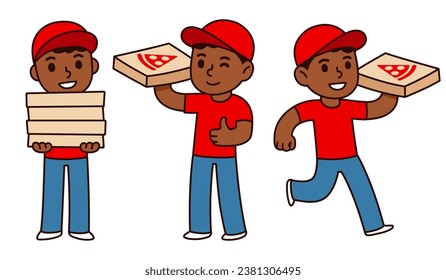 Cute Black pizza delivery boy illustration set. Cartoon vector drawing.