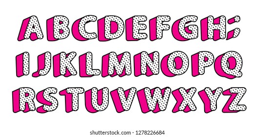 Cute black polka dots 3D english alphabet letters set. Vector LOL girly doll surprise style. Happy birthday banner text with hot pink shadow. Font design for girls name. Picture for birth invite card