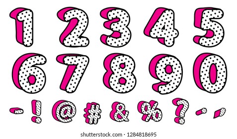 Cute black polka dots 3D set of numbers and signs. Vector LOL girly doll surprise style. Banner with hot pink shadow. Font design kids age. Picture for birth invite vector card. Valentine's day sale