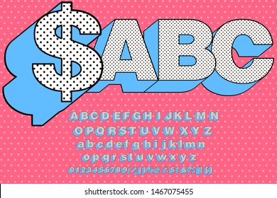Cute black polka dots 3D english alphabet letters set. Vector cute doll style. Happy birthday banner text with blue shadow. Font design for girls name. Picture for birth invite card