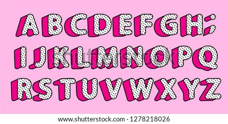 Cute black polka dots 3D english alphabet letters set. Vector LOL girly doll surprise style. Happy birthday banner text with hot pink shadow. Font design for girls name. Picture for birth invite card Stock photo © 
