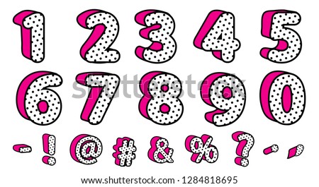 Cute black polka dots 3D set of numbers and signs. Vector LOL girly doll surprise style. Banner with hot pink shadow. Font design kids age. Picture for birth invite vector card. Valentine's day sale Stock photo © 